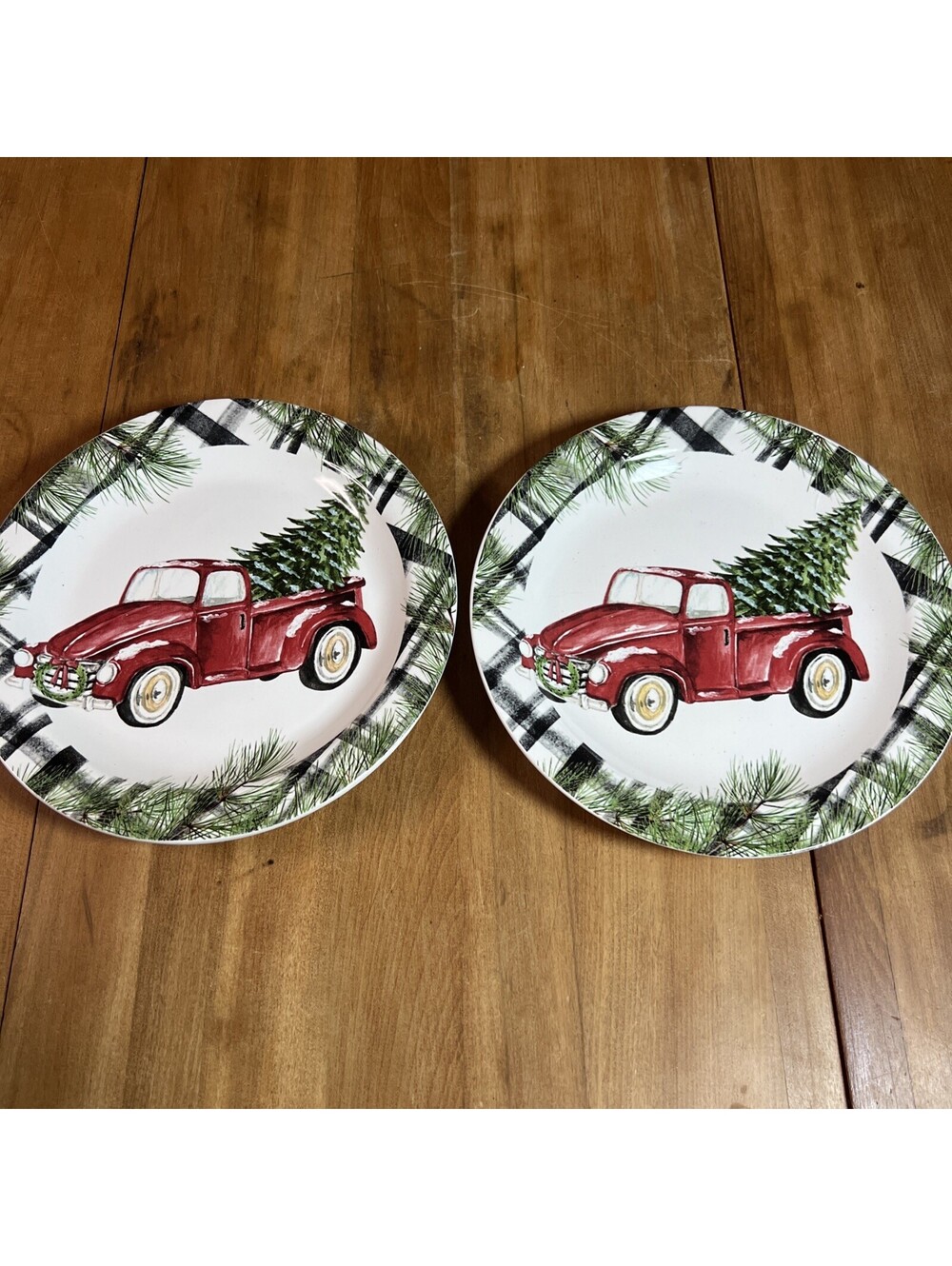 NEW Robert Stanley Christmas Salad Plates Red Truck Tree Plaid Edge Set Of 2